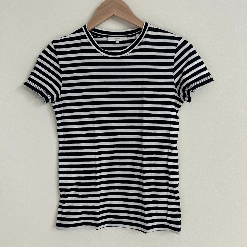 Vince Essential Pima Cotton Crewneck Striped Tee - White and Navy, Size S